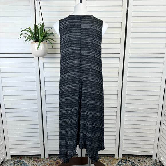 Comfy USA L Black Gray Striped Sleeveless Tank Dress Long Knit Tunic Asymmetric - Picture 4 of 8